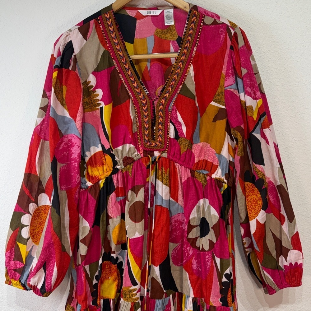Kaktus Bright Floral Boho V-Neck Tunic Dress dress size Large - Picture 3 of 11